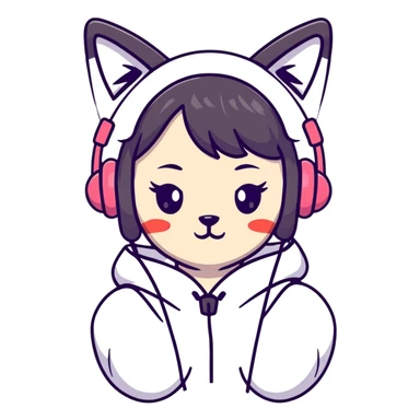Cute anime style Japanese girl wearing colorful cat ear headphones sticker