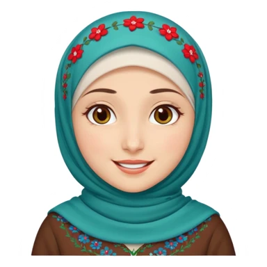 Turkish beautiful finish Konya girl brown eyes white skin with red blue green mini flowers hijab and brown islamic dress and smiles sticker