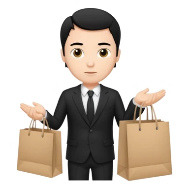 elegant serious man black hair in a black suit with clothing shopping bag sticker