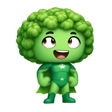 kawaii cute mini superhero with green clothes and a broccolis as hair,  full body saying hello sticker