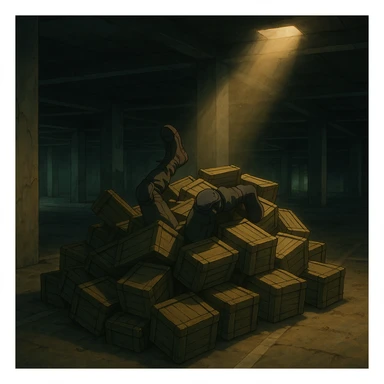 A pile of small oblong crates hidden in a parking structure with a beam of light shining from above, with someone’s boots sticking out like they dove in, tactical gear clothing  sticker