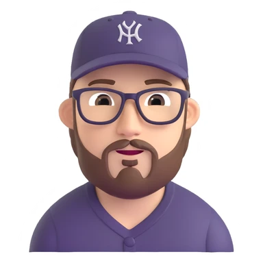 adventurer with goatee beard (no beard on cheeks), short hair, glasses and backwards baseball cap sticker