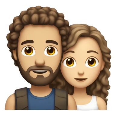 White woman with long dark curly hair cuddling with white guy with brown hair and beard sticker