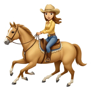 yellow palomino horse running with 4 legs a woman rider with brown hair and a cowboy hat sticker