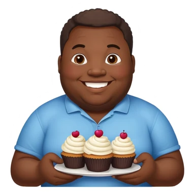 Extremely overweight African American man with a very round face and body, smiling and holding cupcakes sticker