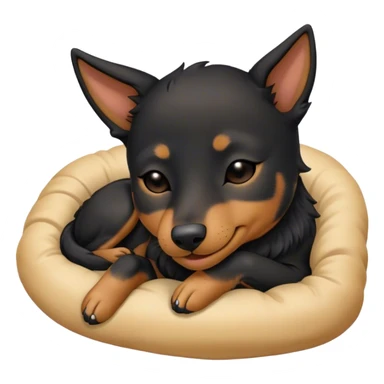 Meme-Worthy Cute Sleeping Black and Tan Kelpie Portrait Emoji, Head resting peacefully with a contented smile, showcasing a delightfully agile build and a luxuriously soft black and tan Fur, eyes shut in a serene nap, Simplified yet hilariously adorable features, highly detailed, glowing with a soft, drowsy light, high shine, relaxed and utterly lovable, stylized with an air of playful laziness, bright and heartwarming, soft glowing outline, capturing the essence of a comically sleepy herder, so meme-worthy it feels like it could instantly become the next viral sensation of adorable slumber! sticker