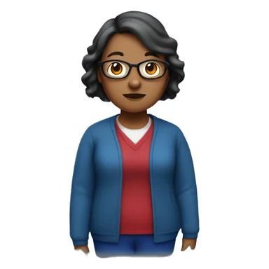 Fat, short ELA teacher with a dark red bob and a blue cardigain sticker