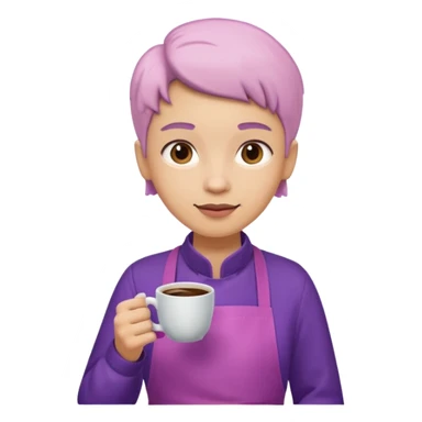 Create 3D minimalist emoji in the style of Coffee Lover — a coffee shop and roastery brand.
Style: cozy, warm.
Colors — purple-pink range.
barista with coffee sticker