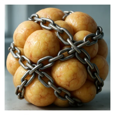 hyper realistic 4K clustered adipocytes wrapped in chains, cellular details, clinical atmosphere, natural light sticker