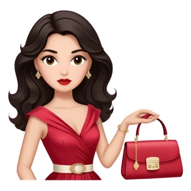 A woman with slightly darker almond-toned skin, voluminous dark hair in waves, expressive eyes with soft lashes and shimmer, full lips with a glossy nude-pink color, wearing a red dress and a white crossbody sash with “Miss San Juan” in black letters, exuding elegance and confidence. sticker