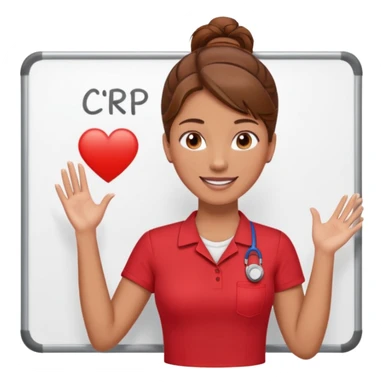 Happy instructor female brown hair whit board hair up red shirt add CPR to white board sticker