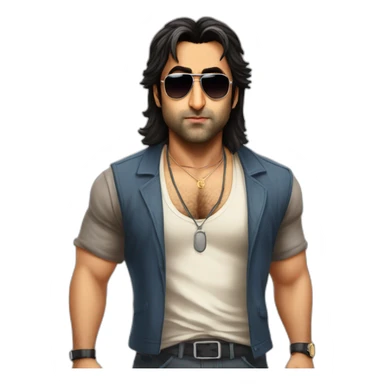 Ranbir Kapoor as a gangster with a long mullet and sun glassess looking angry and chubby sticker