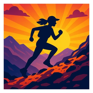 mountain trail runner, vibrant toon style, silhouette against sunrise, sporty, rugged terrain sticker