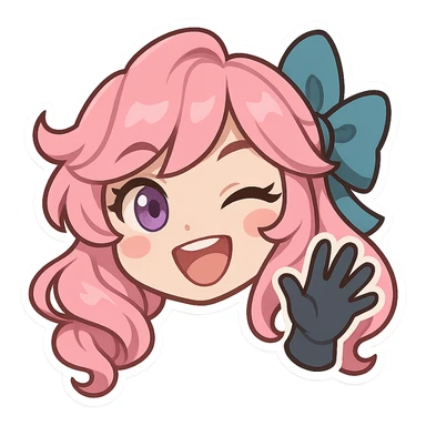 chibi style Gwen from League of Legends, only head, right eye purple, one hand waving with glove, big smile, energetic pose, pink hair sticker