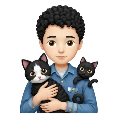 Apple emoji of a 13-year-old boy with short black curly hair, light skin, dark brown eyes, wearing a denim shirt and overalls, hugging a black and white cat. sticker