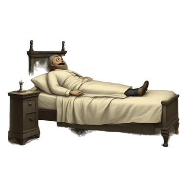 A sick man on a bed in 1870 sticker