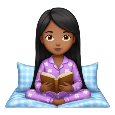 Menina de pele parda e cabelos pretos lisos e longos, está usando pijama e lendo um livro  sticker