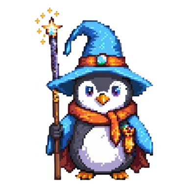 penguin wearing wizard hat and robe holding a magic wand sticker