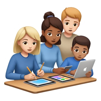 three students collaborating on design with drawing tablets and computers sticker