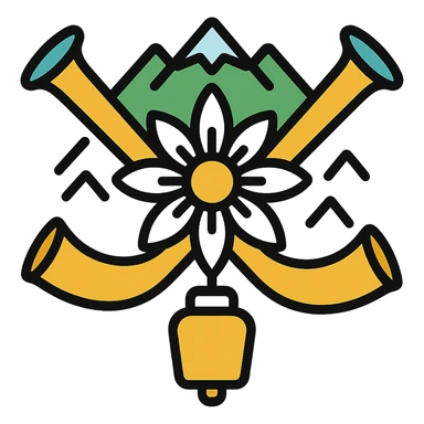 two crossed alpine horns behind an edelweiss, surrounded by mountain motifs, hanging cowbell, colorful icon style, alpine kitsch inspiration sticker