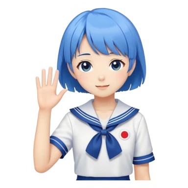 Anime girl with short bright blue hair wearing Japanese sailor style school uniform, composed posture with hand on hip but shyly waving with other hand, blushing face and timid smile sticker