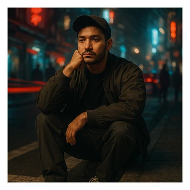 Create a cinematic night photo of a Southeast Asian man in his early 30s with medium tan (sawo matang) skin tone, sitting on the edge of a city sidewalk at night. He wears a dark bomber jacket over a plain oversized T-shirt, loose-fit cargo pants, worn-in sneakers, and a black baseball cap forward and slightly tilted. He sits with one knee up, one arm resting across it, the other hand propping up his head, chin on knuckles, staring blankly ahead, deep in thought. The urban background is chaotic and colorful with glowing neon signs, red and blue light streaks from cars, blurred pedestrians, and a spiral or radial motion blur effect. Cinematic lighting softly highlights his face with a warm glow, surroundings moody and dark, raw introspective neo-noir feel. Gritty textured ground with crosswalk lines and asphalt. Use the reference image for facial structure and vibe. sticker
