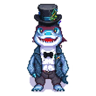 pixel art shark with a black tophat sticker