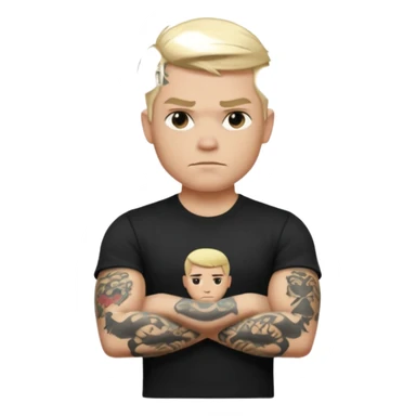 male memoji, blonde man with tattoos on arms, black t-shirt, arms crossed, intense stare, edgy rebel vibe sticker