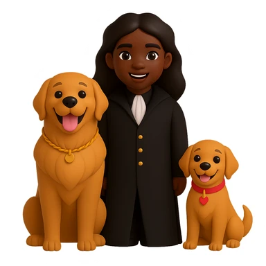 Change the vampire to have brown skin and dress all in black, keep the vampire on the left and the happy golden retriever on the right, preserve the 3D emoji style, keep the background transparent. The style to emulate is 3D emoji style with transparent background. sticker