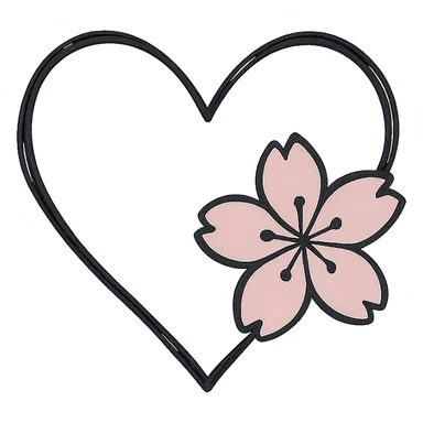 goth sakura heart, minimalist tattoo style, thin black outline heart, single pink sakura, subtle and modern sticker