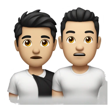 A man black hair with big lips and a dissatisfied face in black pants and Asian looking guy in a white T-shirt and a dissatisfied face sticker