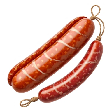 short thick sausage with white-mottled casing, whole with several thin slices and a twine loop, marbled red meat and fat, no extras, soft lighting, subtle shadows, emoji scale sticker