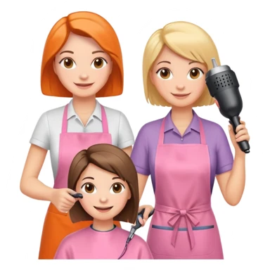happy woman in pink apron getting a haircut from smiling female hairstylist in orange apron, holding hairdryer in right hand sticker