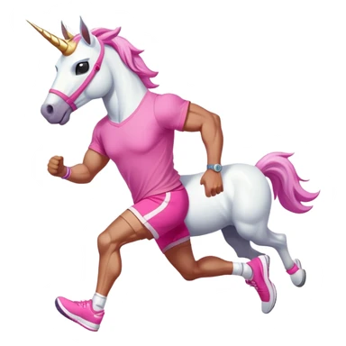 full body friendly anthropomorphised masculine unicorn with white horse-like face, muscular build, wearing pink t-shirt, shorts, trainers, dark sunglasses, running in a relaxed pose sticker
