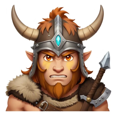 Clash of Clans aesthetic: Cinematic Fierce Barbarian Portrait Emoji, Poised and bold with a rugged yet cartoonish build in tattered furs and a horned helmet, his face rendered in a natural skin tone (not yellow), expressive bright eyes and a confident smirk, Simplified yet dynamic features, highly detailed, glowing with a vivid, adventurous aura, high shine, heroic and spirited, stylized with an air of medieval warrior charm, focused and energetic, soft glowing outline, capturing the essence of a fearless barbarian adventurer ready to lead his clan with spirited valor! sticker