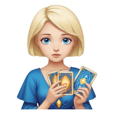 A blonde girl with blue eyes and short hair holds tarot cards sticker