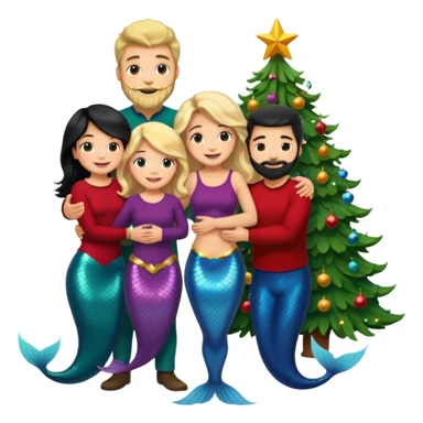 Generate Christmas-style emojis  family. Where light-skinned people stand near the tree all together, hugging and smiling.  girl should be Light-haired woman, mermaid woman, black-haired woman, and 1 man . Add 4 people: Mother, Sister, Sister, Brother  sticker