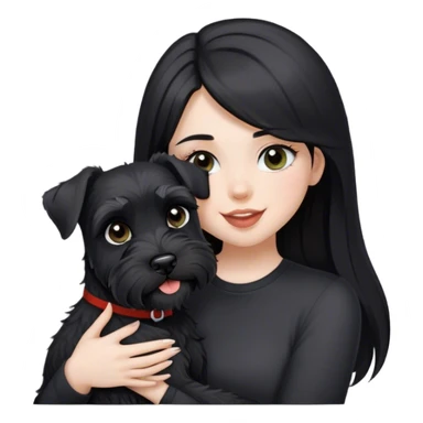 pale girl  with light eyes and long black hair wearing black shirt kissing schnauzer holding smiling black schnauzer  sticker