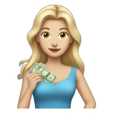 white girl in a blue dress her hair out holding the money sticker