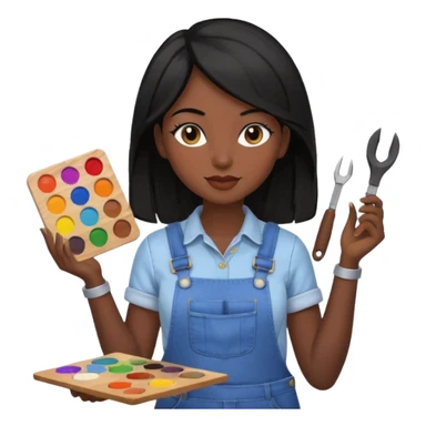 Créame emoji de una mujer que sea diseñadora industrial, pelo negra, piel morena, femenina con overol y una paleta de colores o herramientas de taller piel oscura chocolate cabello largo  sticker