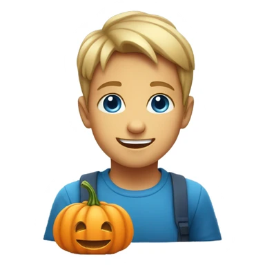 blue eyes boy sitting with pumpkin smile sticker