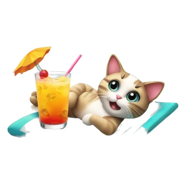 A cat is relaxing on the beach with a cocktail sticker