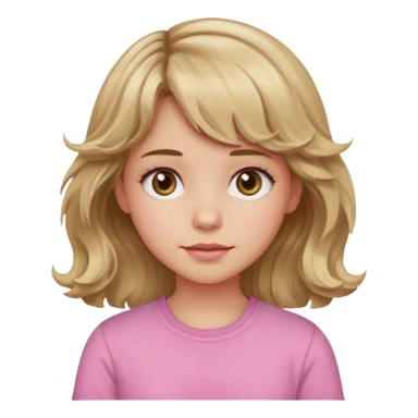 girl with wavy dirty blonde hair and wavy bangs, hazel eyes, white skin, pink cute shirt sticker