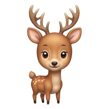 A cute deer is lying, small and simple, with big round eyes, a gentle smile, short antlers, soft beige fur with slightly lighter spots on its back, rounded cartoon-like proportions, minimal shading, vector-style, sticker