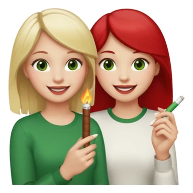 a girl with blonde hair and green eyes that are red in the white part holding a joint, and a girl with darkbrown hair beside her laughing with brown eyes that are also red on the white part sticker