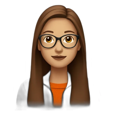 woman with light glasses with long straight brown hair waving wearing a dark orange sweater and black jacket sticker