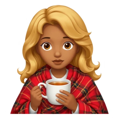 cute and sexy brown skin girl, golden wavy hair, sexy face expression, feeling sick, nose is red due to sickness, covered by blanket, holding tea mug in hands sticker
