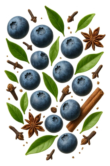 mirtilli, thè verde, spezie, fluttuano in aria, iperrealistico 4k sticker