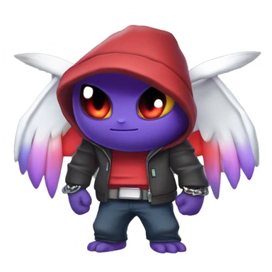 pokemon gibi
Un personnage crânien stylisé avec capuche sombre, ailes lumineuses multicolores (rouge, violet, bleu), yeux rouges en croix, halo au-dessus, épées croisées dans le dos, torse musclé, bracelets noirs, et un style cartoon néon énergique. sticker