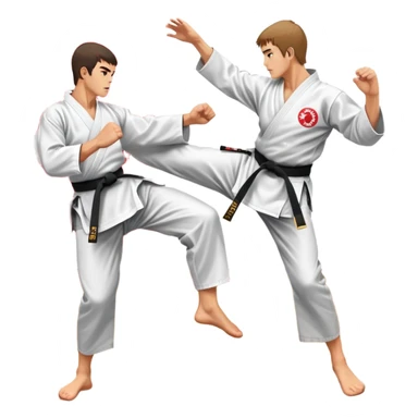 Two karate fighters in traditional gi sparring. One executes a high kick aimed at the opponent’s head, while the other blocks with a strong hand defense. The background features a classic dojo with wooden flooring and banners. Dynamic motion and focused expressions. Transparent background. sticker